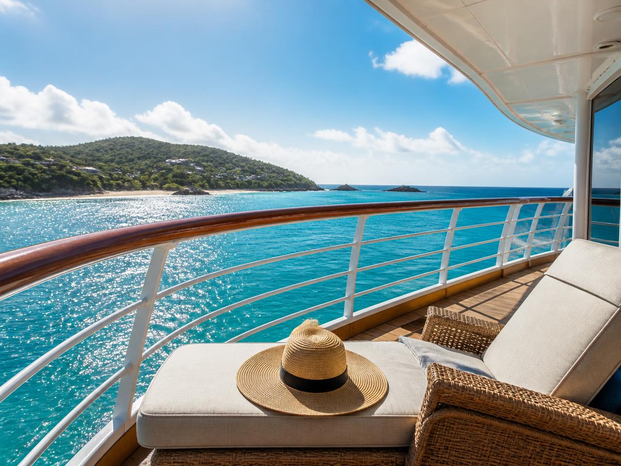 Lounge chairs and a sun hat on a cruise ship deck overlooking turquoise water